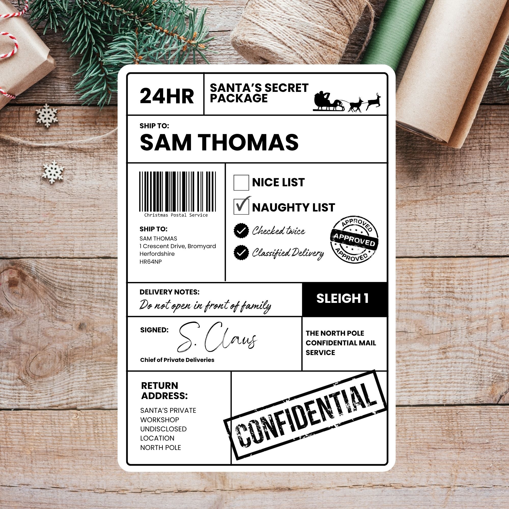 Personalised Custom Christmas Shipping Label for Adults