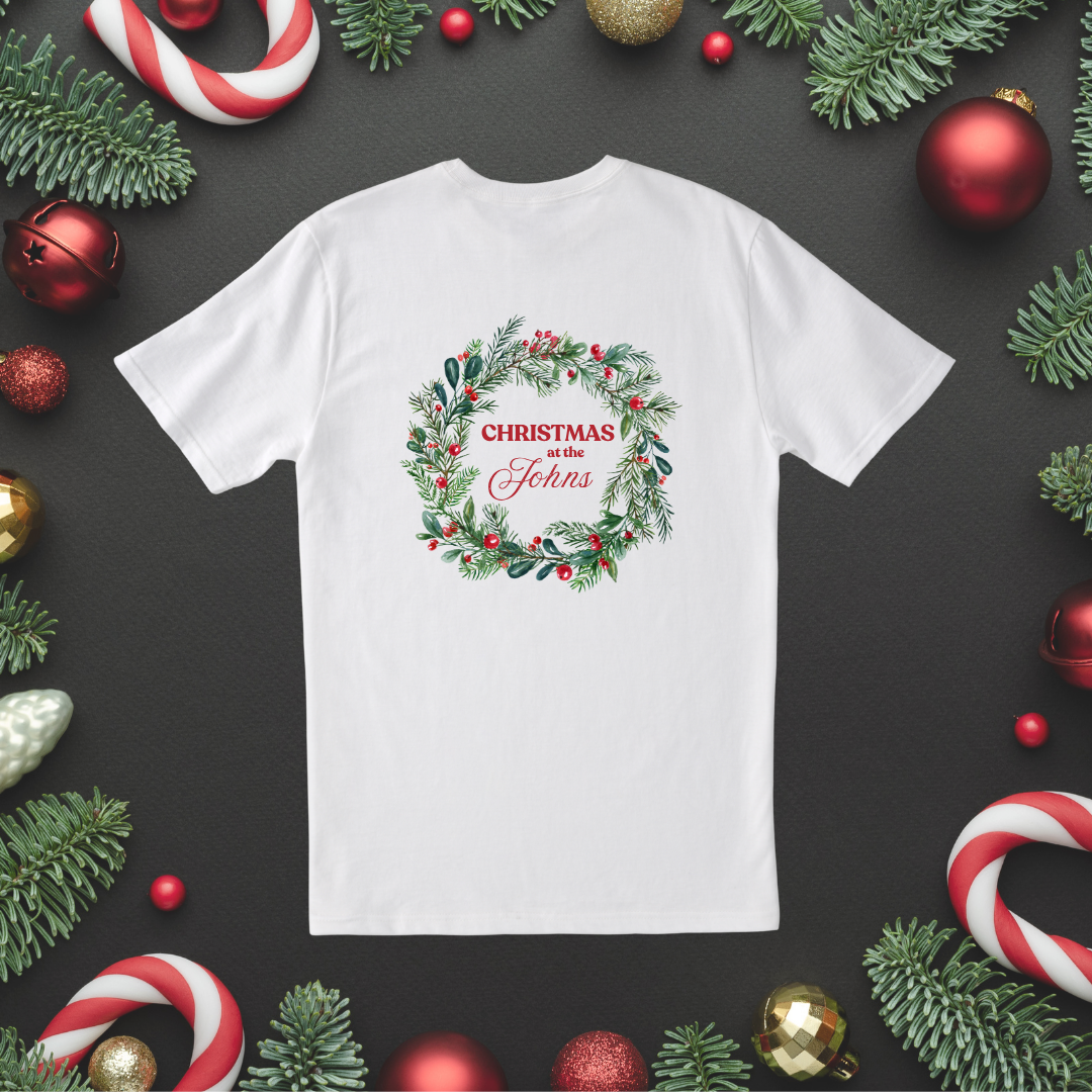 Personalised Christmas T-Shirt – Family Name Holly Wreath