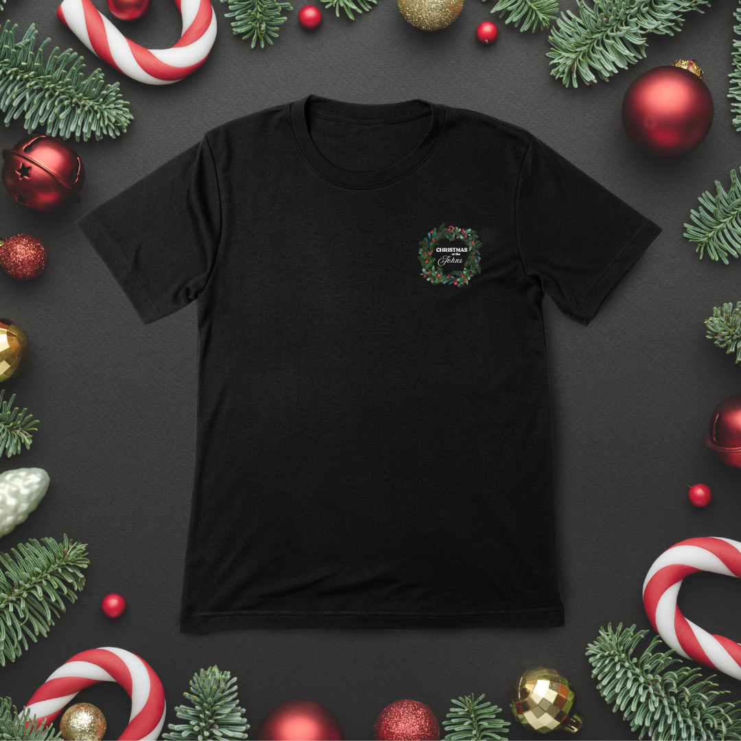Personalised Christmas T-Shirt – Family Name Holly Wreath