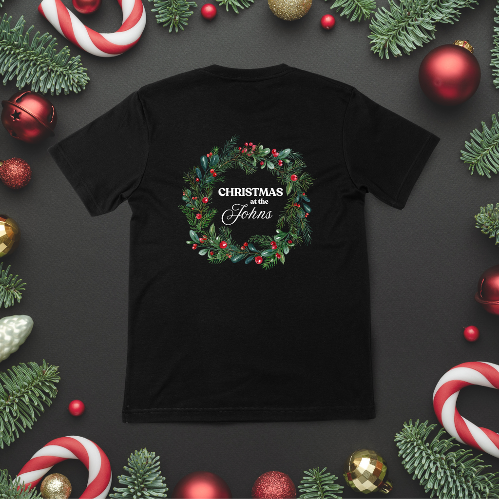 Personalised Christmas T-Shirt – Family Name Holly Wreath